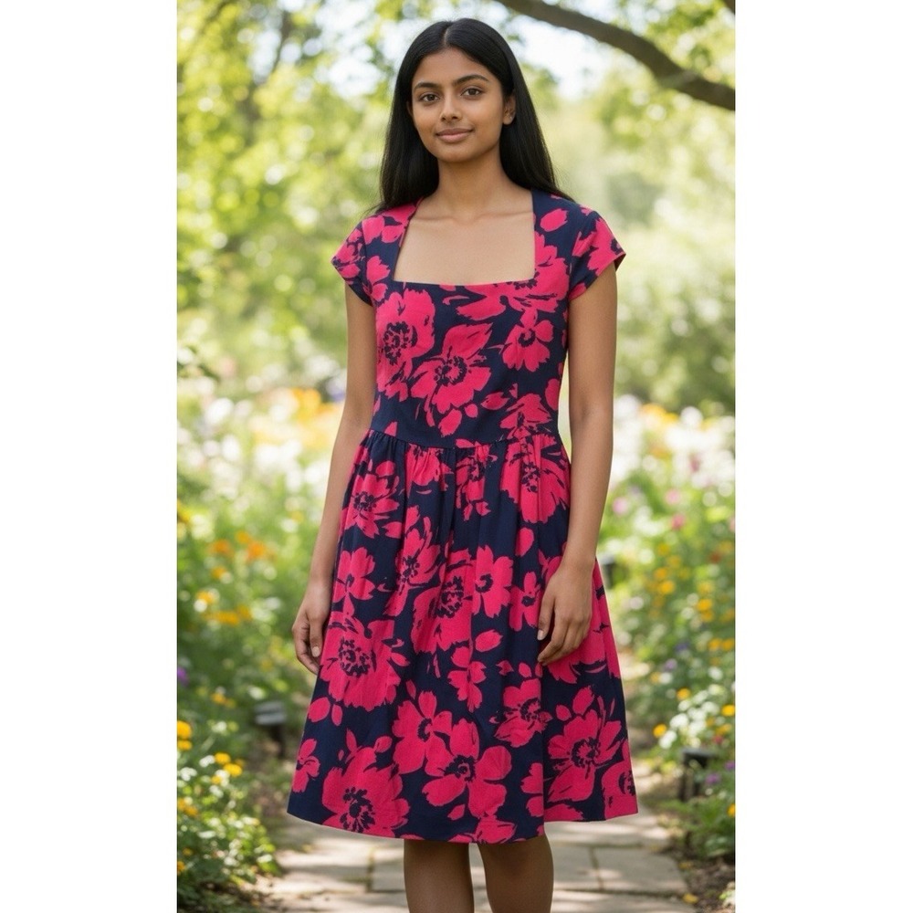 Helene Berman London Sz 8 Floral Fit & Flare‎ Dress Pink Navy Cap Sleeve Pockets